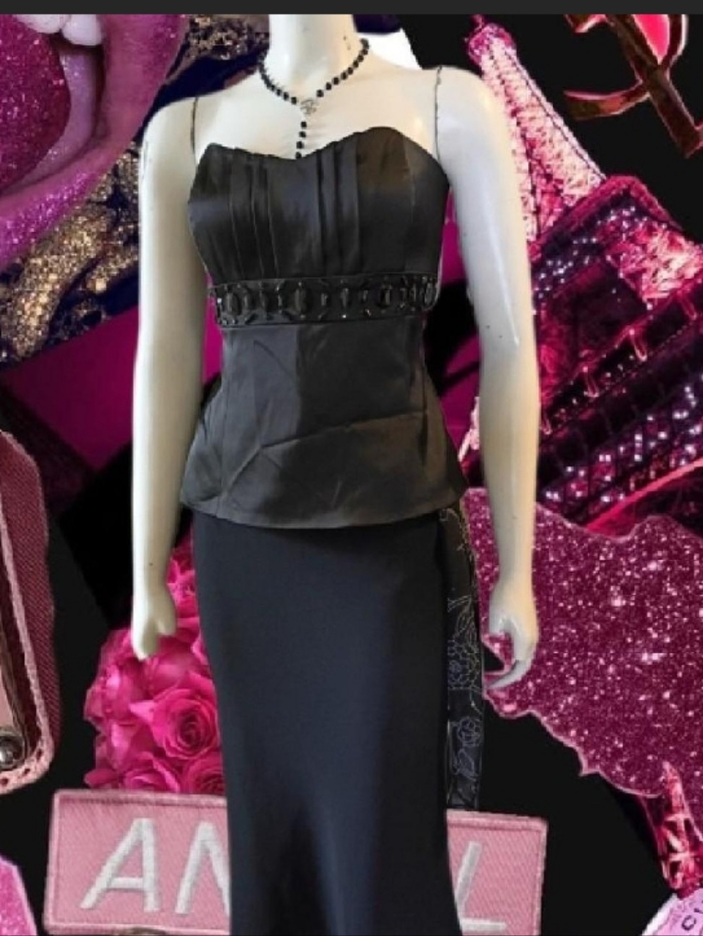 NWT Y2k White House Black Market Black Strapless Satin Top W/ Faux Jewel Details